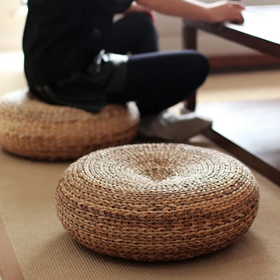 Coussin rond de méditation en paille style tatami