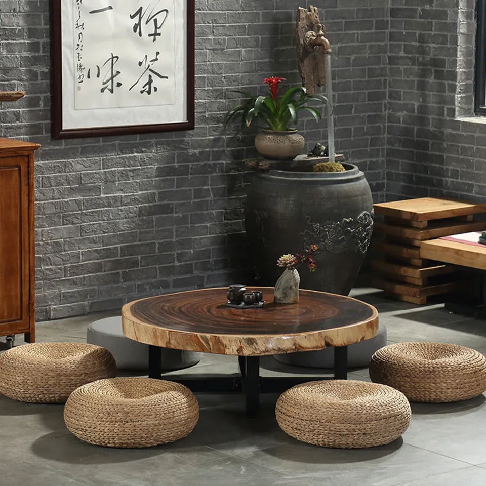 Coussin rond de méditation en paille style tatami – Image 3