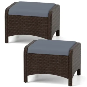 Ensemble 2 poufs rotin extérieur gris avec coussins