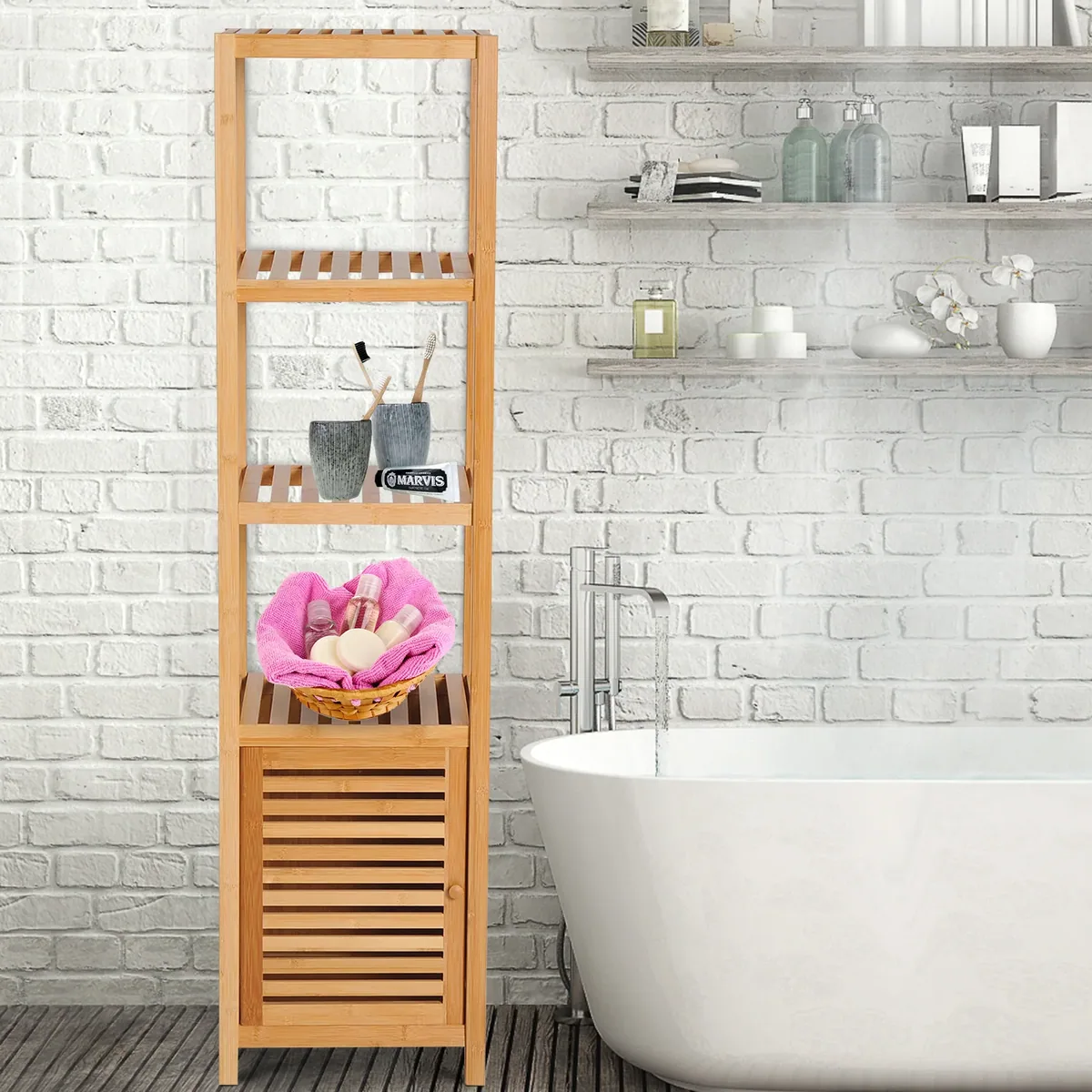 Étagère haute 4 niveaux en bambou pour salle de bain – Image 2