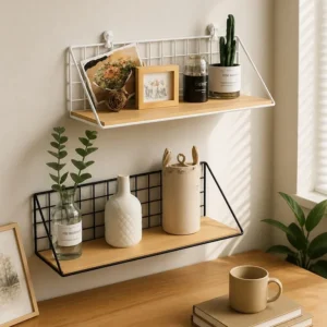 Étagère murale bois avec panier et cadre métal