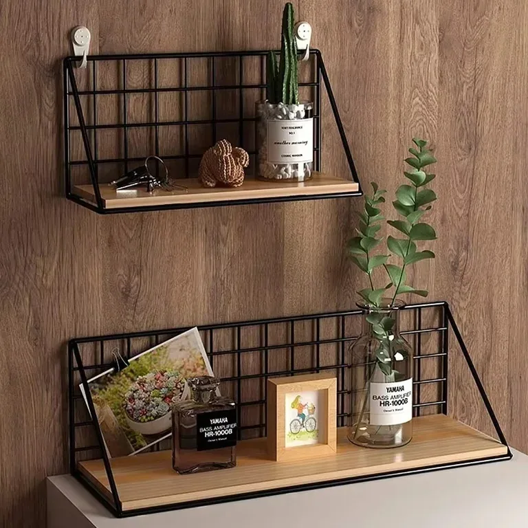 Étagère murale bois avec panier et cadre métal – Image 2