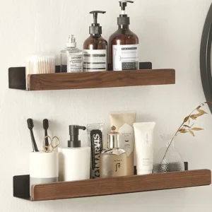 Étagère murale bois massif et aluminium pour salle de bain