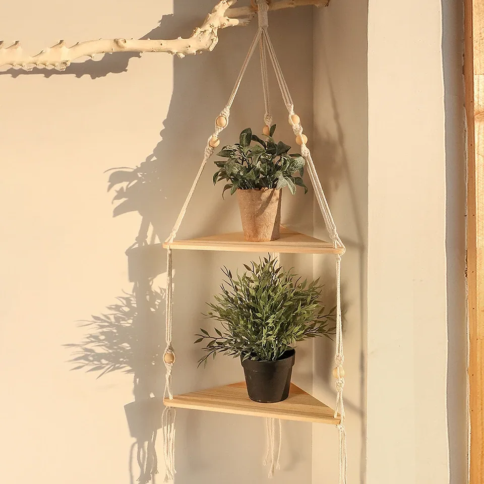Étagère triangle murale en bois macramé – Image 2
