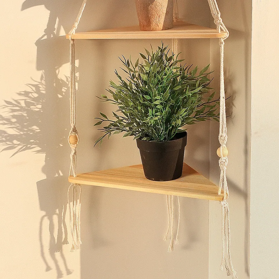 Étagère triangle murale en bois macramé – Image 3