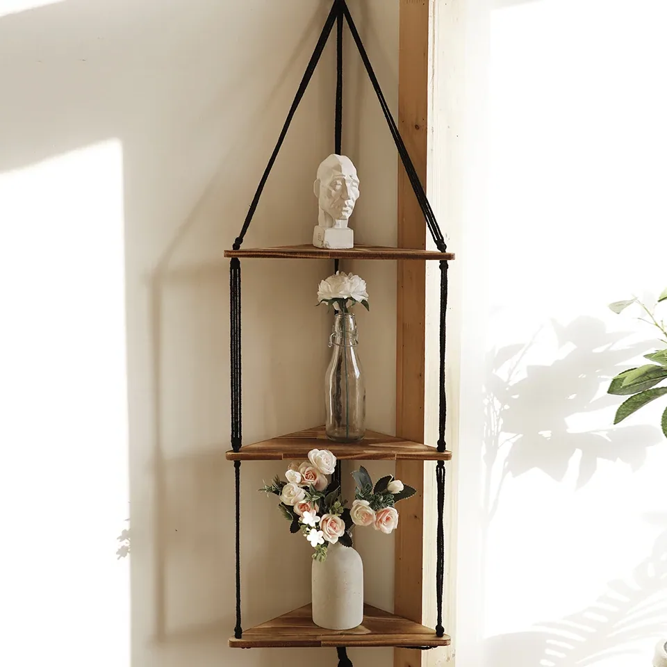 Étagère triangle murale en bois macramé – Image 4