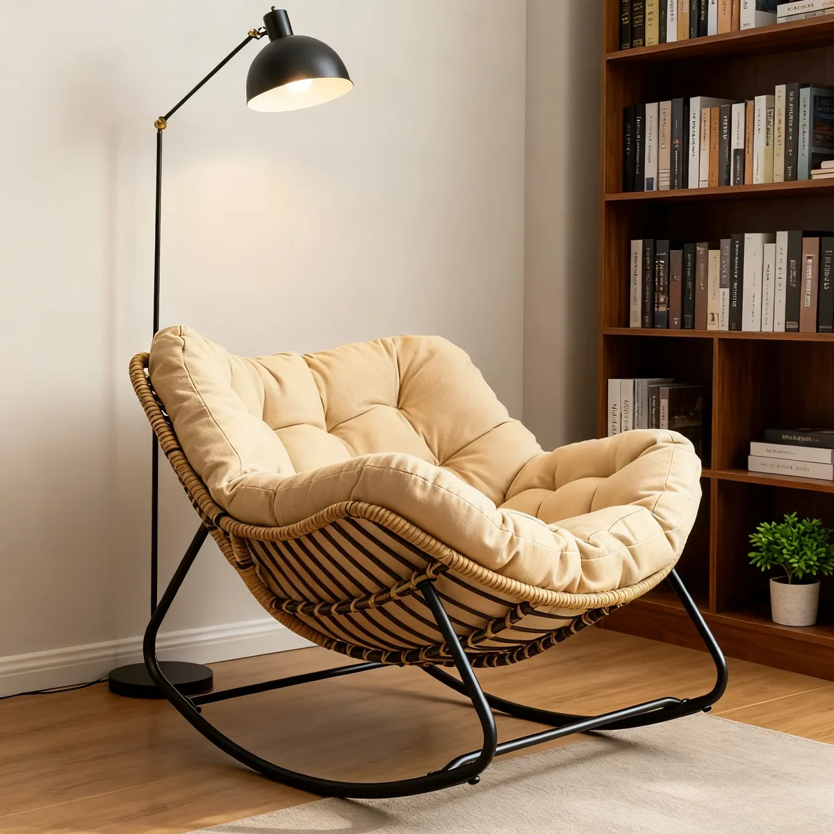 Fauteuil à bascule en rotin avec coussin et armature métal