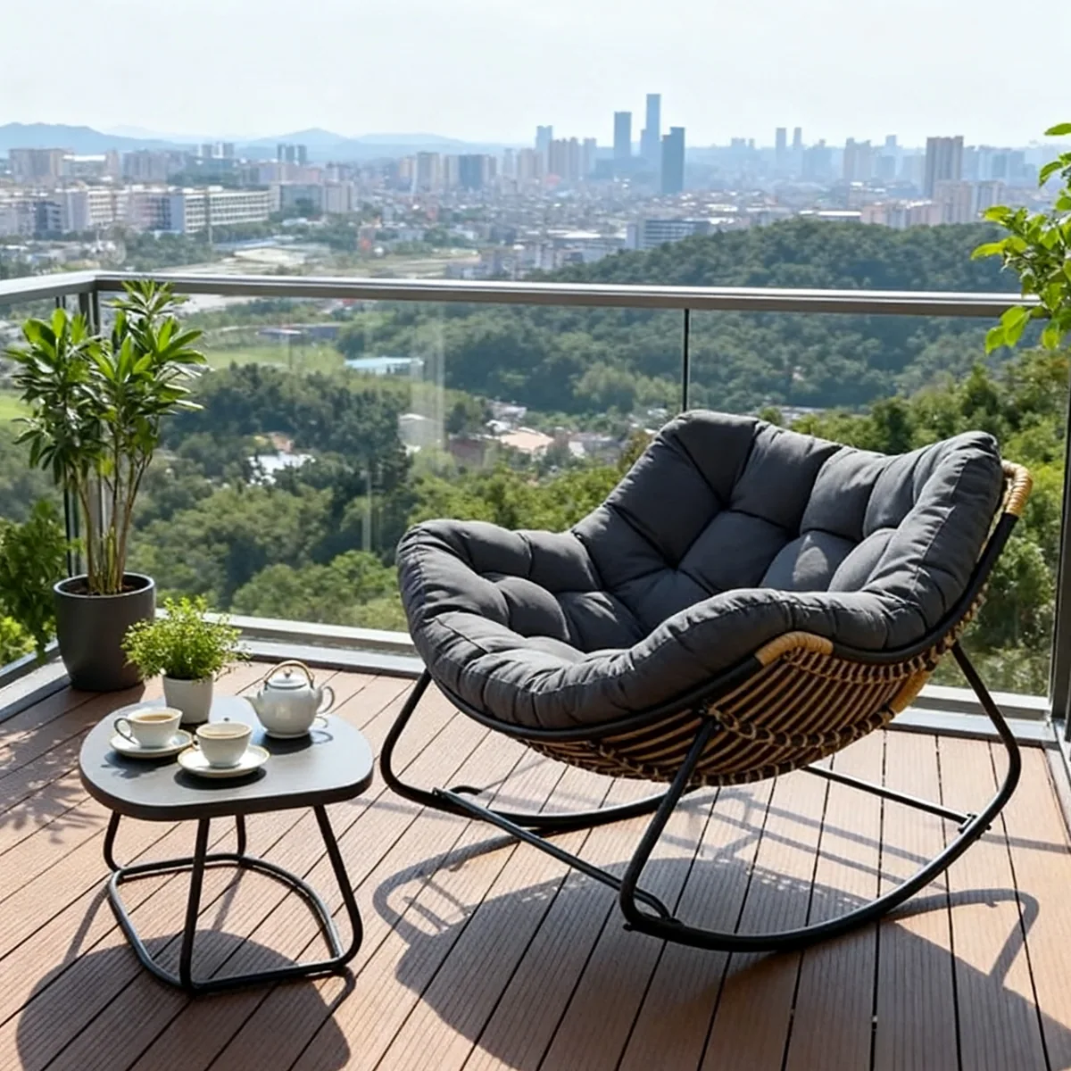 Fauteuil à bascule en rotin avec coussin et armature métal – Image 5