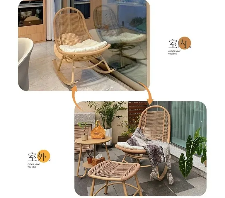 Fauteuil à bascule en rotin et bois pour extérieur – Image 2