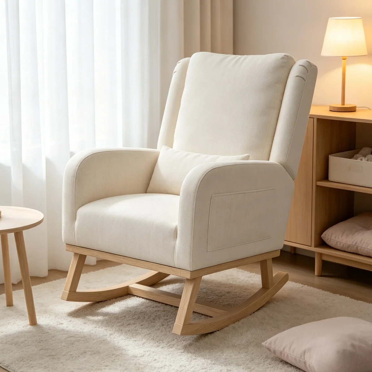 Fauteuil à bascule rotin et bois modèle unique beige
