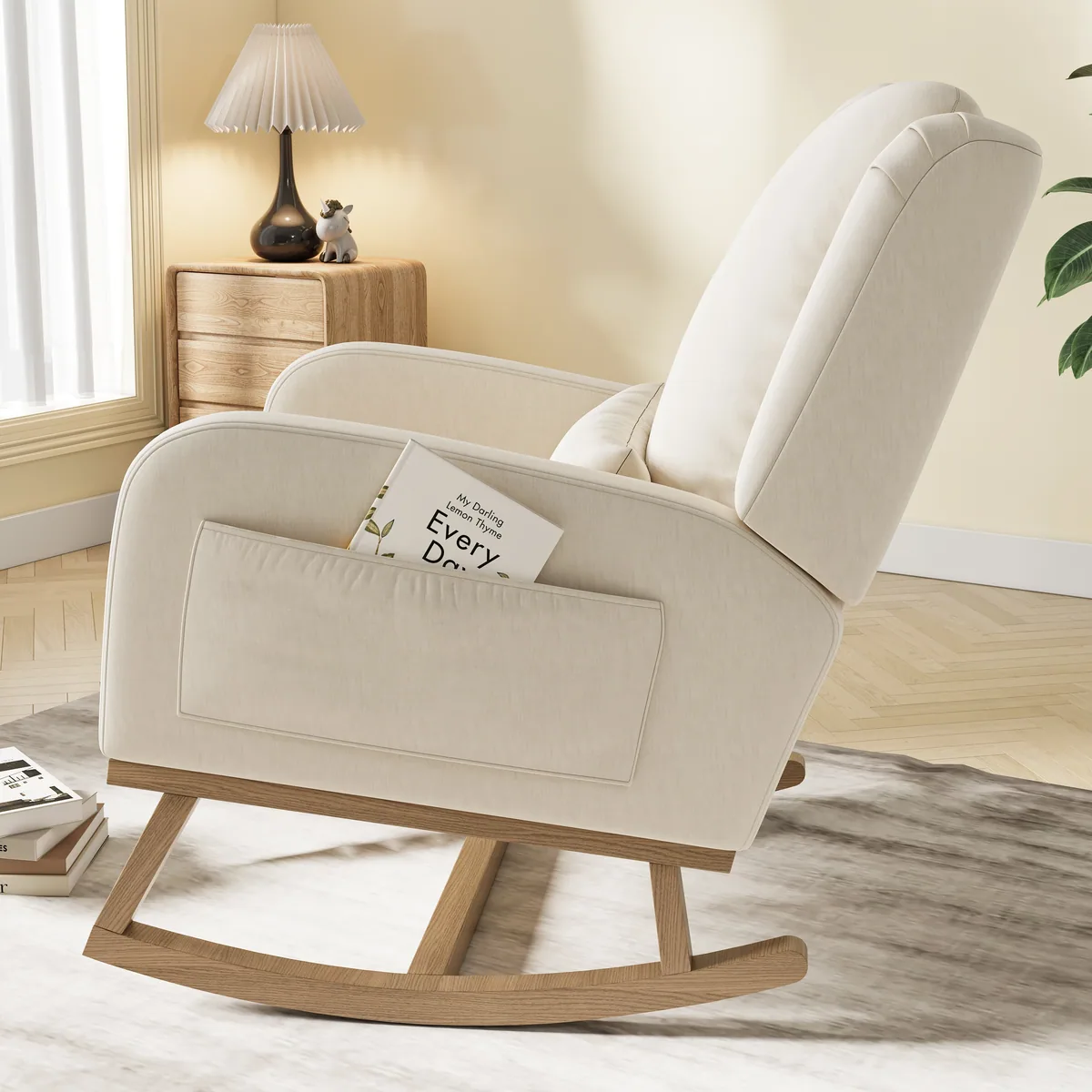 Fauteuil à bascule rotin et bois modèle unique beige – Image 2