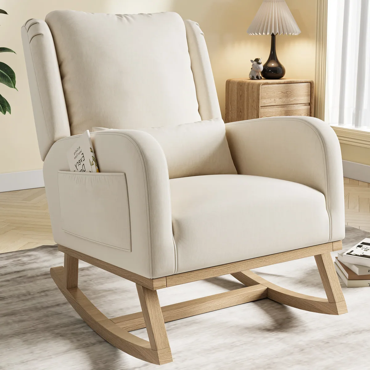 Fauteuil à bascule rotin et bois modèle unique beige – Image 3