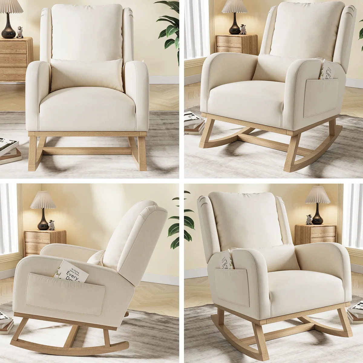 Fauteuil à bascule rotin et bois modèle unique beige – Image 4