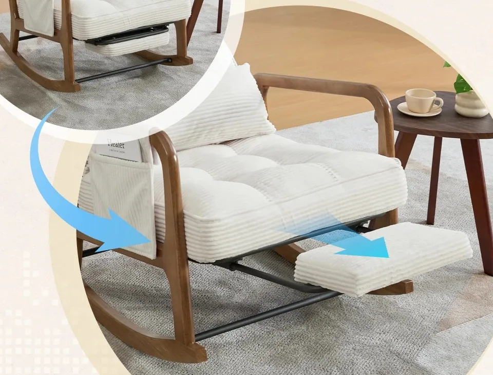 Fauteuil de relaxation en velours côtelé beige avec repose-pieds