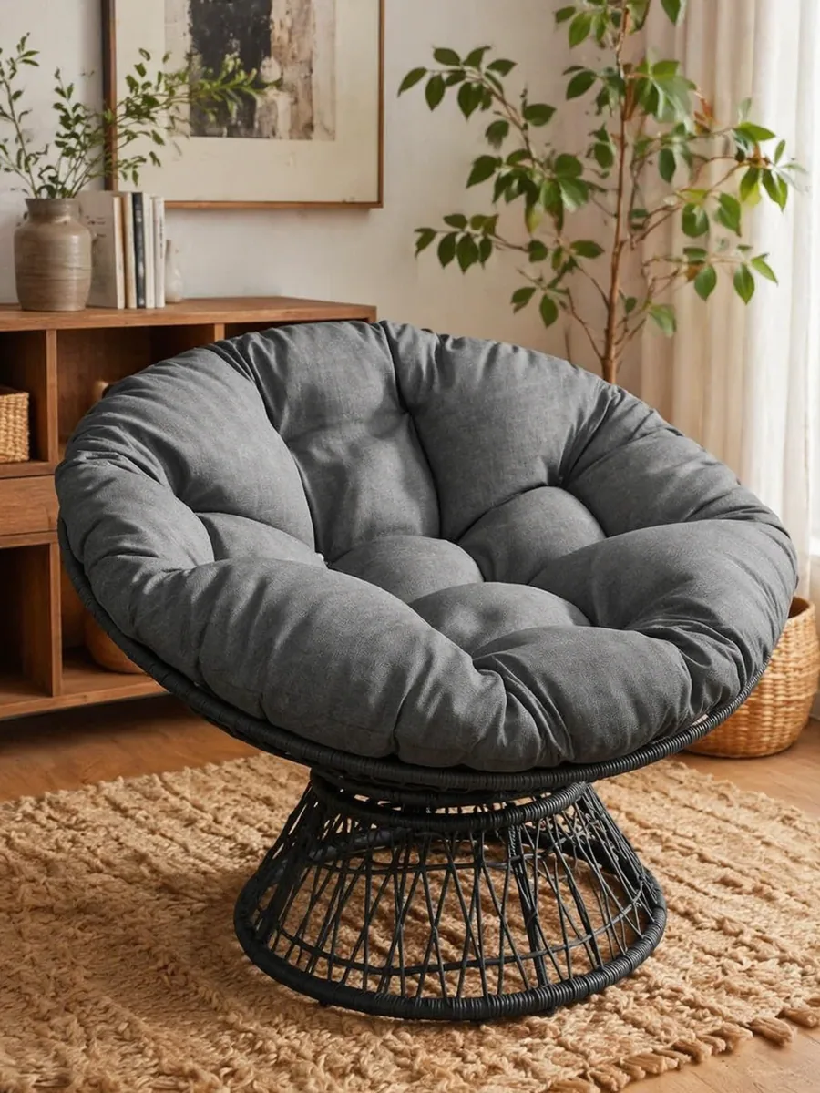 Fauteuil pivotant Papasan en rotin noir et velours – Image 2