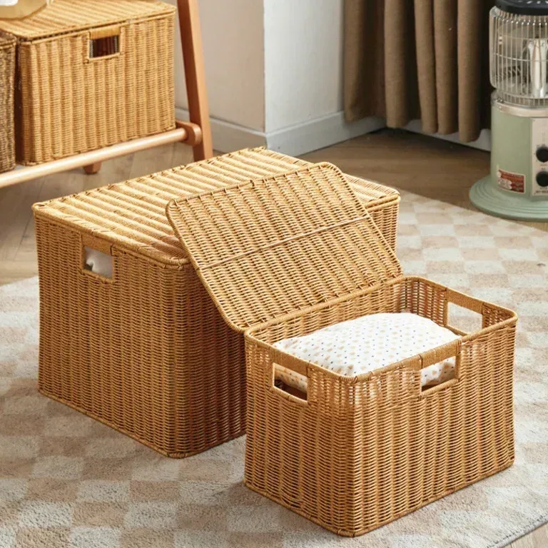 Grand panier coffre en rotin tissé avec clapet – Image 2