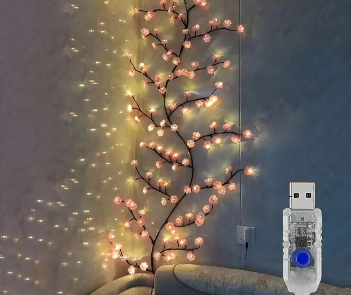 Guirlande 72 LED Fleur de Cerisier USB rotin 8 modes