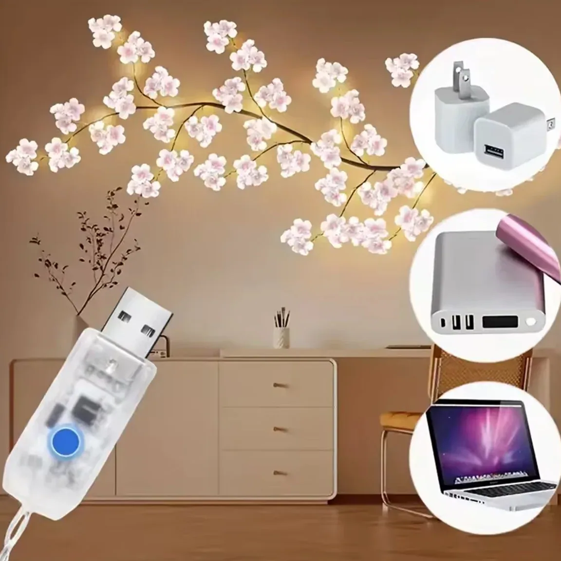 Guirlande 72 LED Fleur de Cerisier USB rotin 8 modes – Image 4