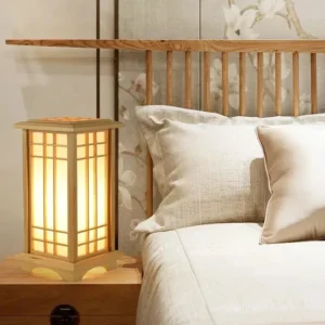 Lampadaire bois carré style Wabi‑sabi LED tricoté à la main