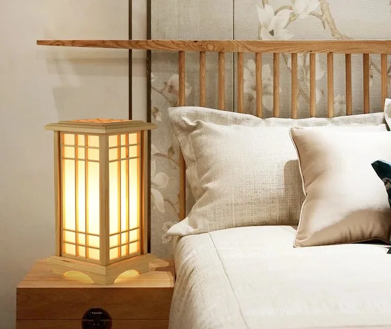 Lampadaire bois carré style Wabi‑sabi LED tricoté à la main