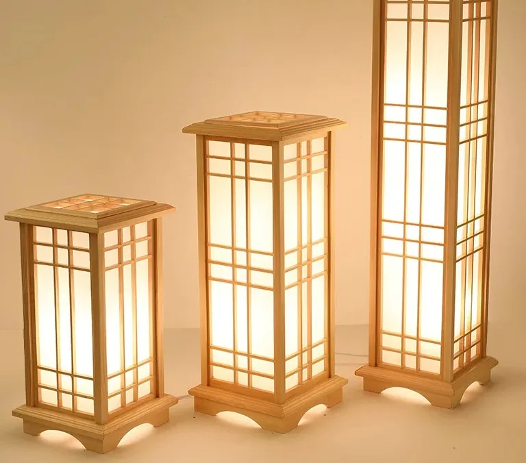 Lampadaire bois carré style Wabi‑sabi LED tricoté à la main – Image 2
