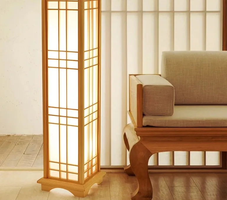 Lampadaire bois carré style Wabi‑sabi LED tricoté à la main – Image 4