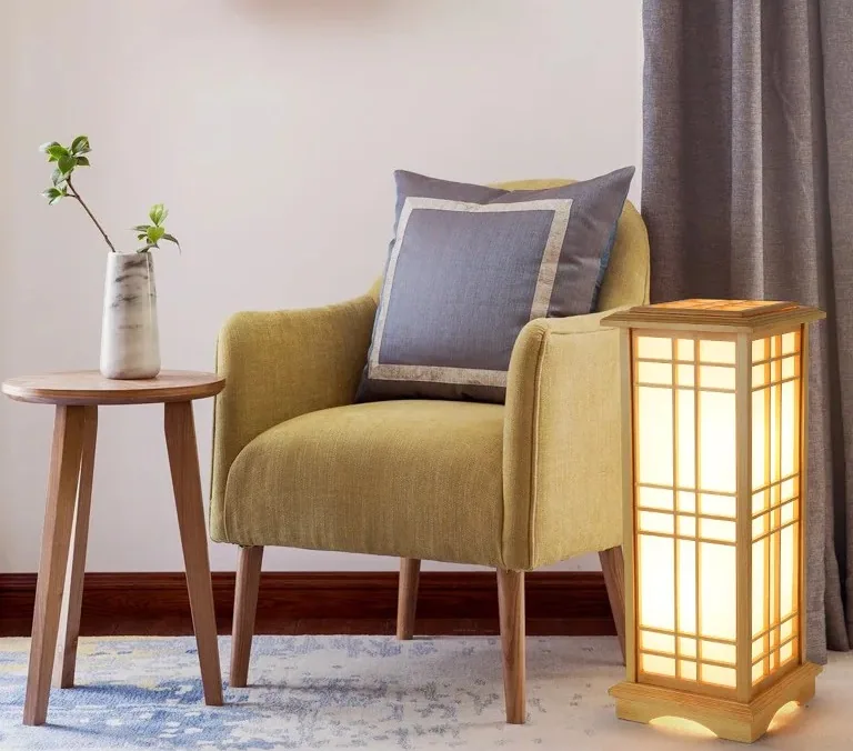 Lampadaire bois carré style Wabi‑sabi LED tricoté à la main – Image 5