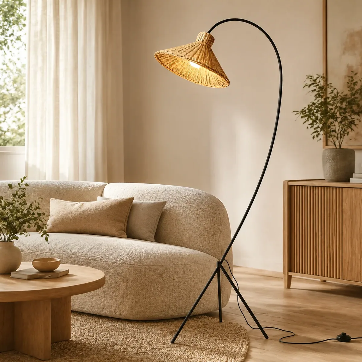 Lampadaire en rotin naturel et fer pour intérieur – Image 2