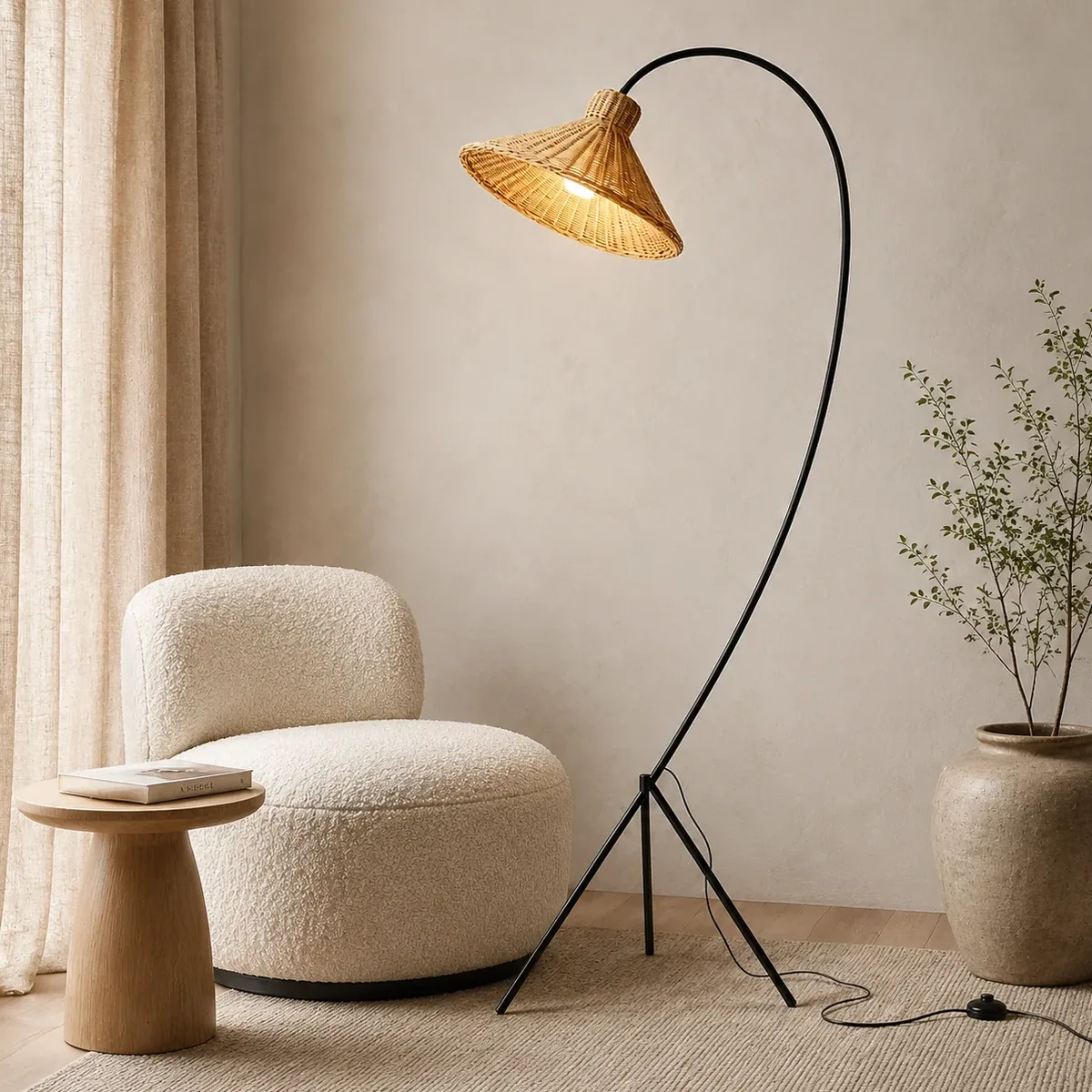 Lampadaire en rotin naturel et fer pour intérieur – Image 3
