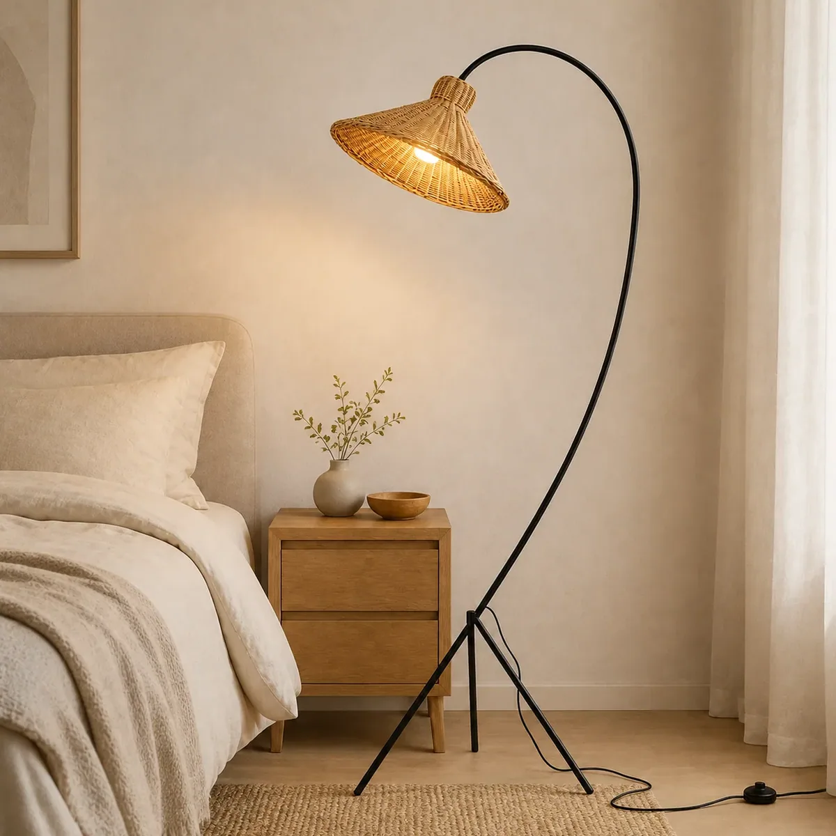 Lampadaire en rotin naturel et fer pour intérieur – Image 4