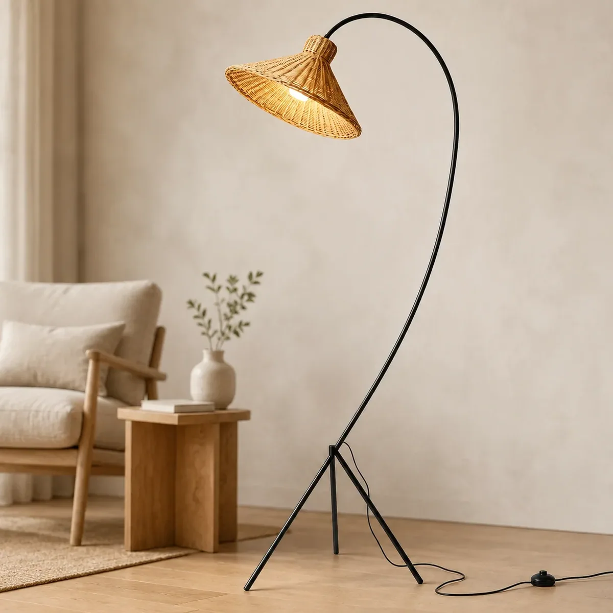 Lampadaire en rotin naturel et fer pour intérieur – Image 5