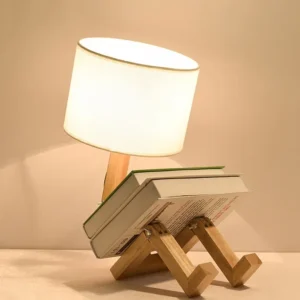 Lampe de chevet robot en bois et tissu E27 pliable