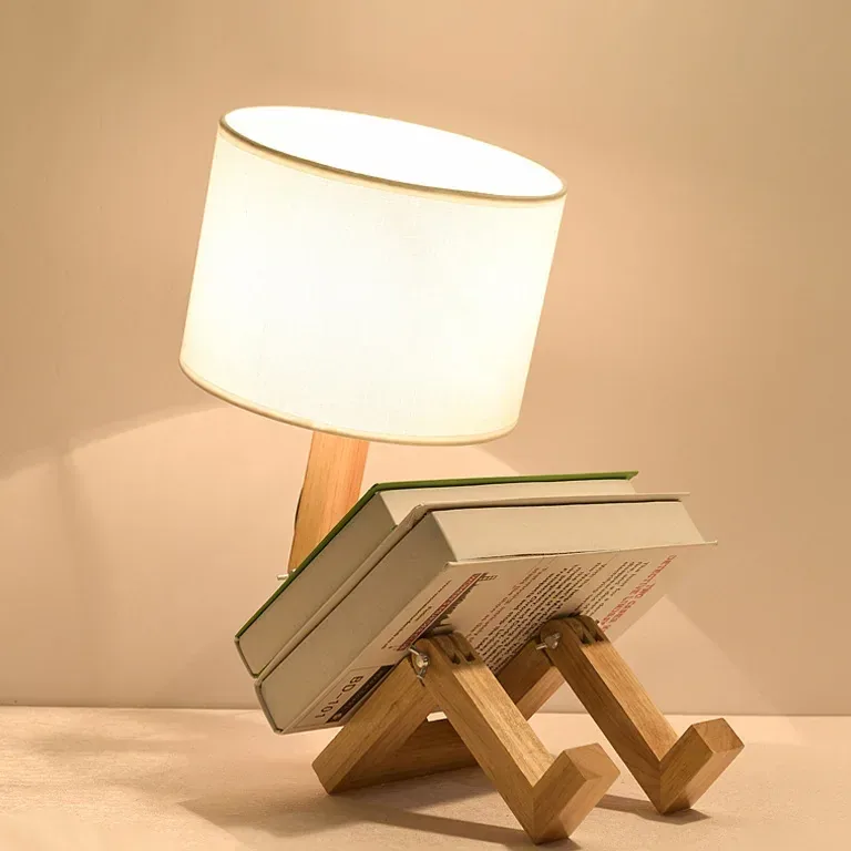 Lampe de chevet robot en bois et tissu E27 pliable
