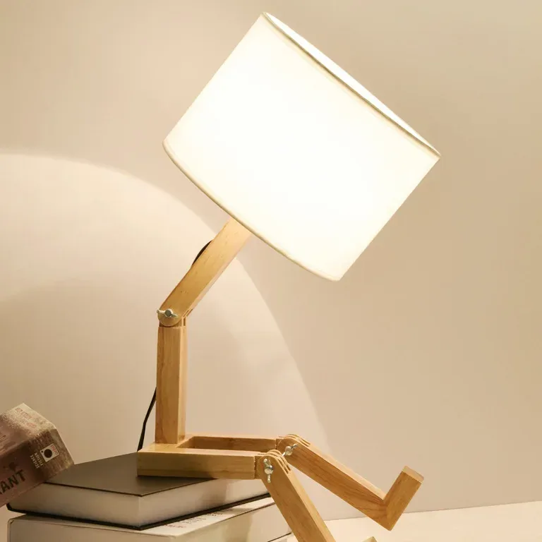 Lampe de chevet robot en bois et tissu E27 pliable – Image 2