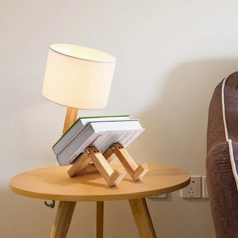 Lampe de chevet robot en bois et tissu E27 pliable – Image 3