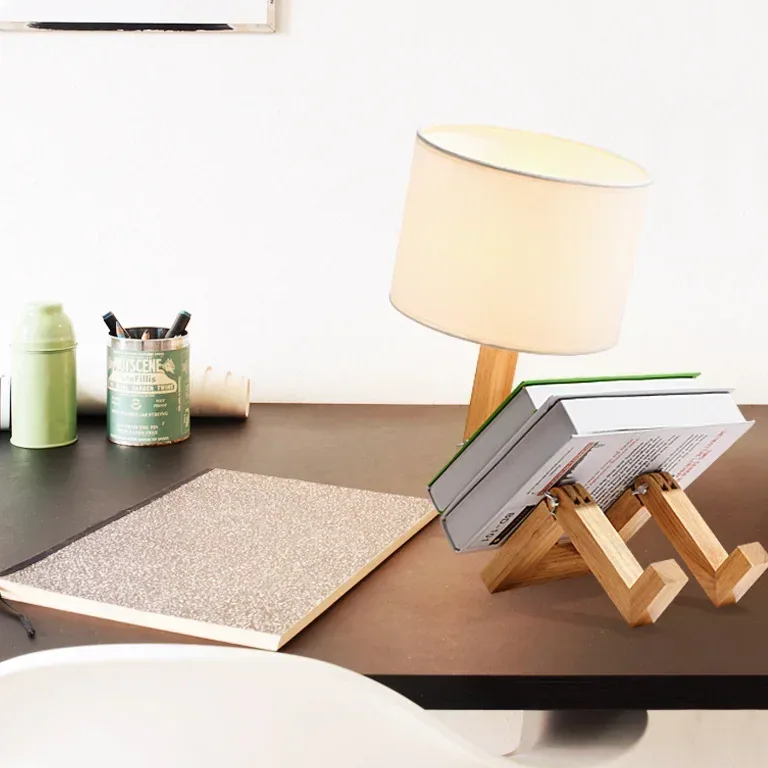 Lampe de chevet robot en bois et tissu E27 pliable – Image 4