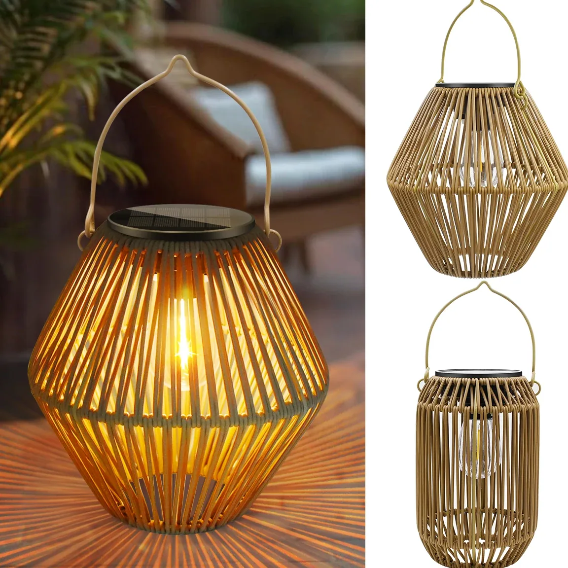 Lanterne solaire en rotin style bohème suspendue