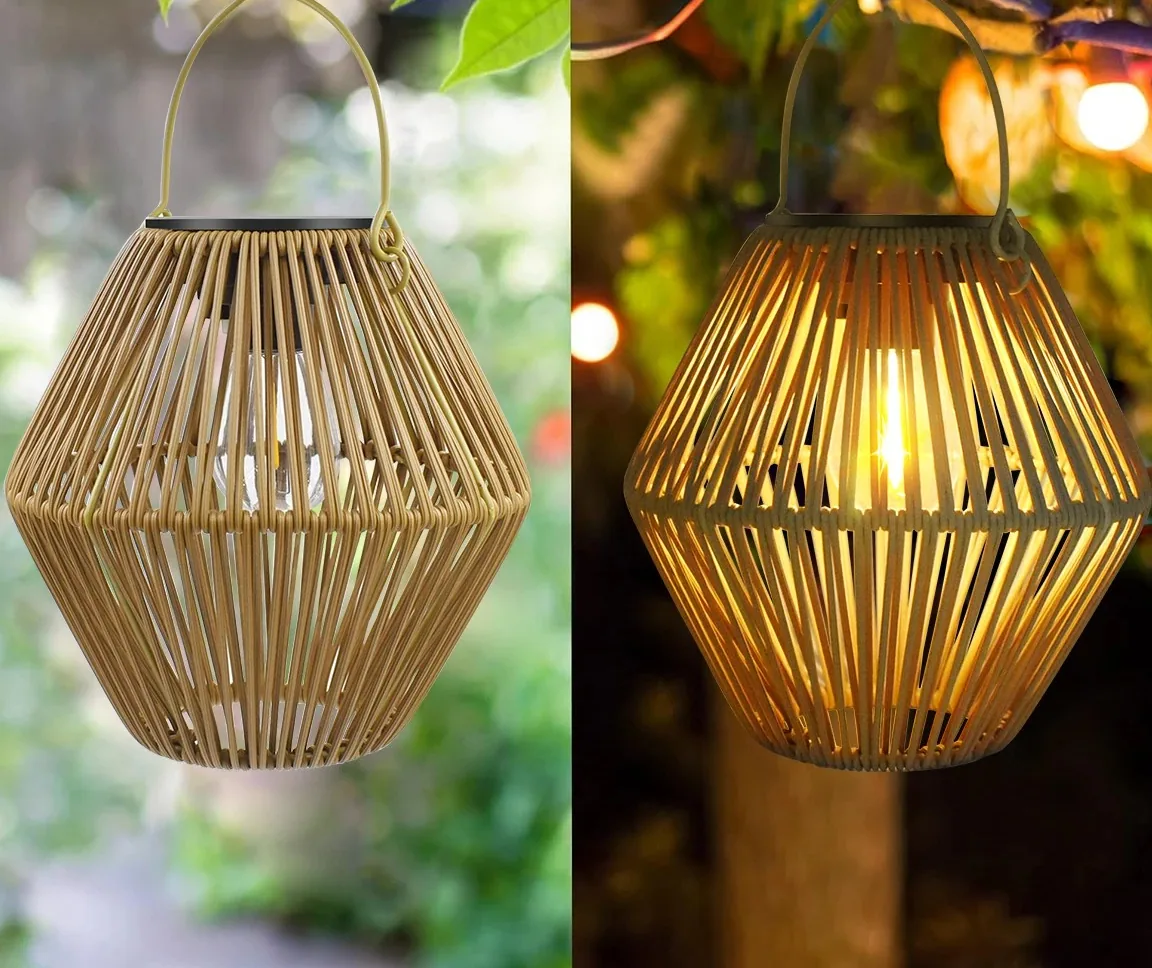 Lanterne solaire en rotin style bohème suspendue – Image 3