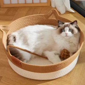 Lit rond en rotin tressé pour chat, intérieur