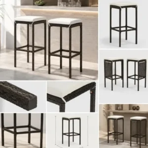 Lot de 2 tabourets de bar en polyrotin brun avec coussin