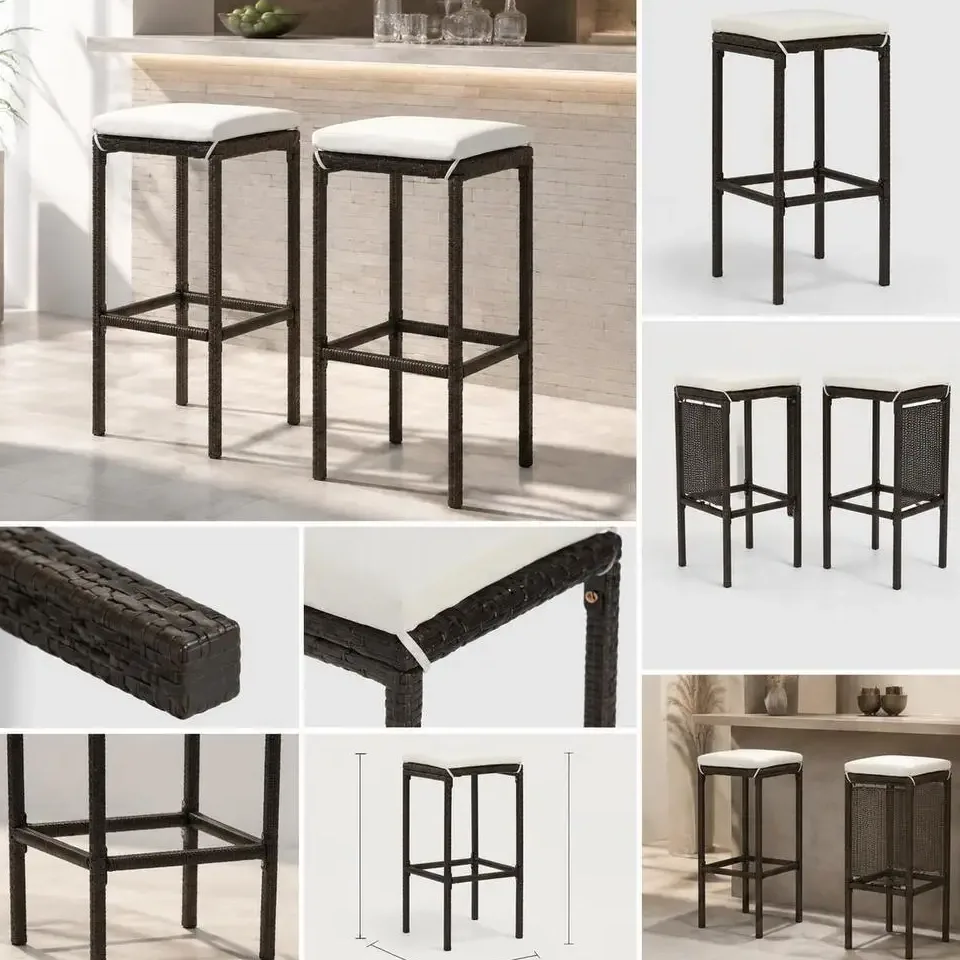 Lot de 2 tabourets de bar en polyrotin brun avec coussin