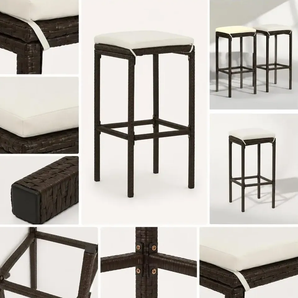 Lot de 2 tabourets de bar en polyrotin brun avec coussin – Image 2