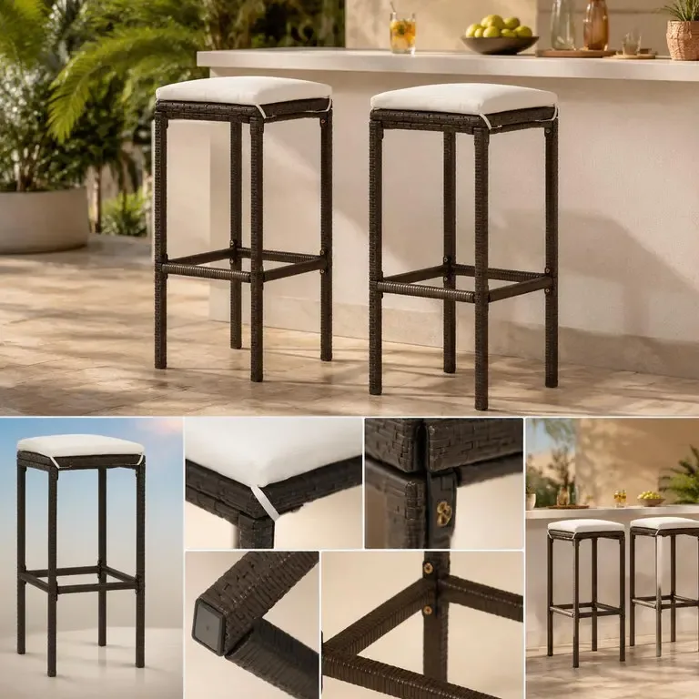 Lot de 2 tabourets de bar en polyrotin brun avec coussin – Image 3