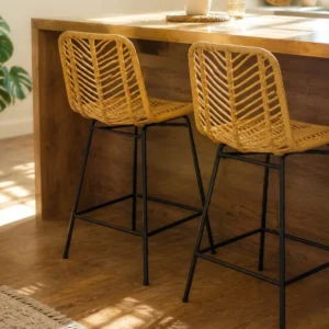 Lot de 2 tabourets de bar rotin PE jaune et noir
