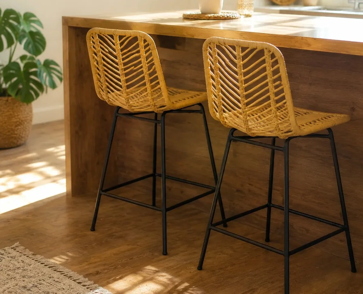 Lot de 2 tabourets de bar rotin PE jaune et noir