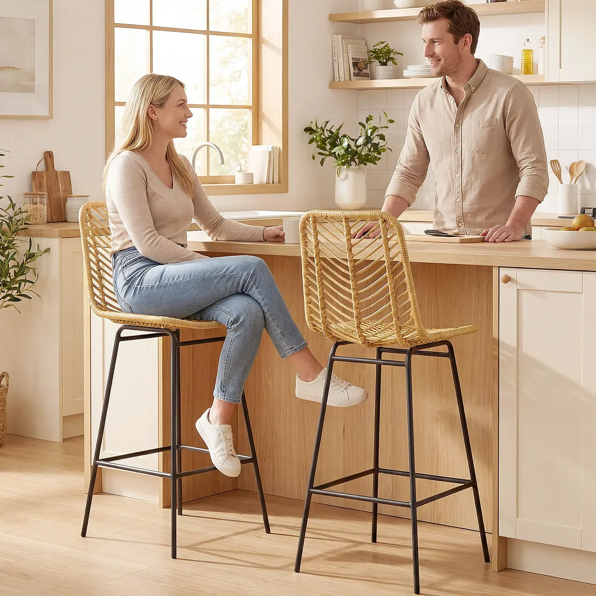 Lot de 2 tabourets de bar rotin PE jaune et noir – Image 4