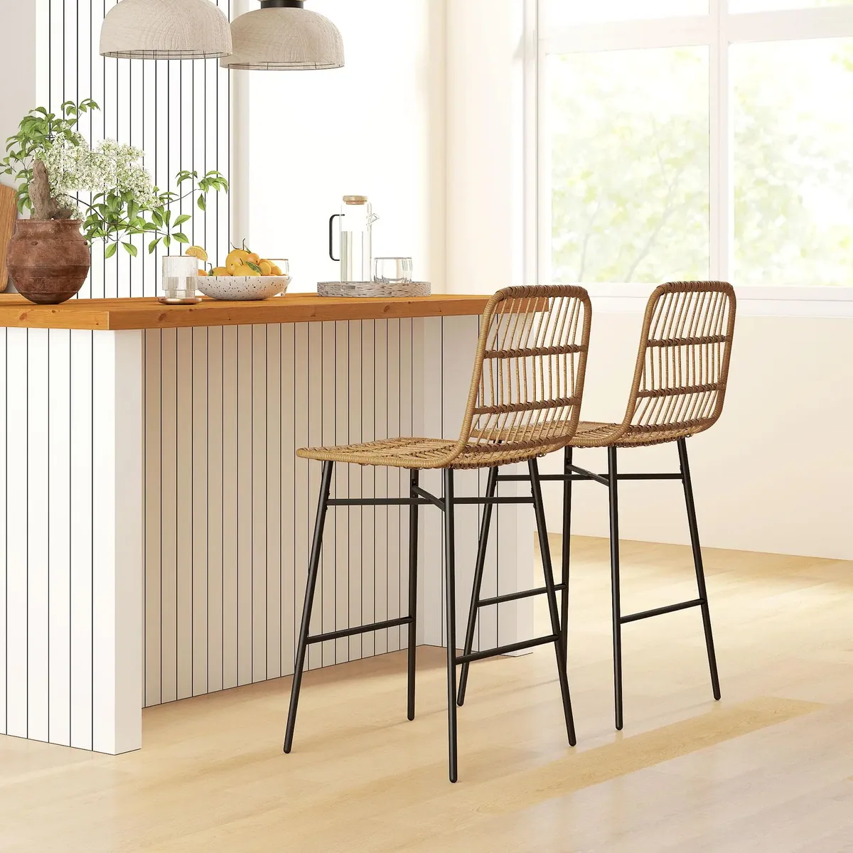 Lot de 2 tabourets de bar rotin synthétique marron