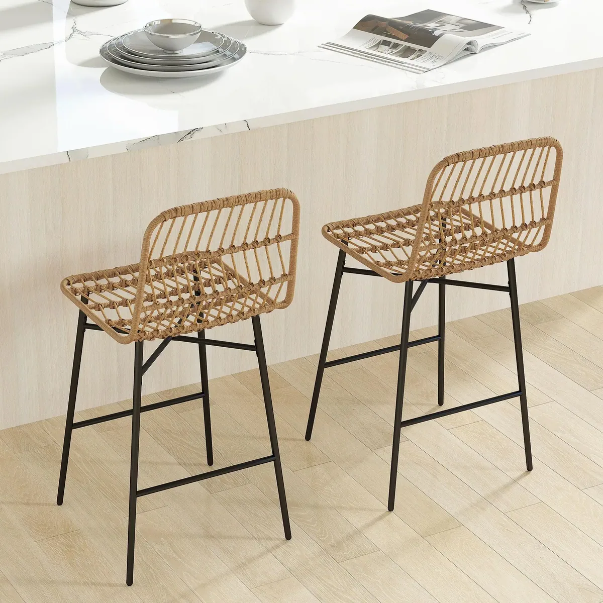 Lot de 2 tabourets de bar rotin synthétique marron – Image 2