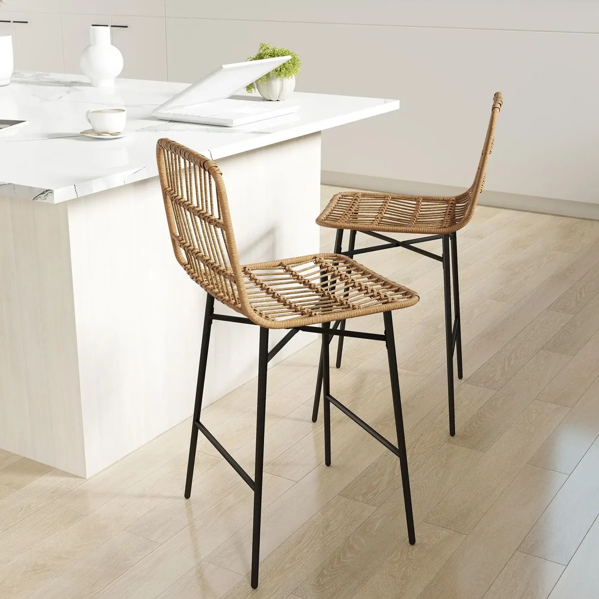 Lot de 2 tabourets de bar rotin synthétique marron – Image 4