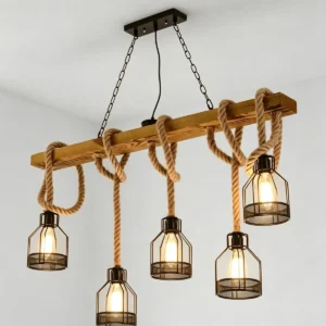 Lustre suspendu 5 têtes bois et corde style loft